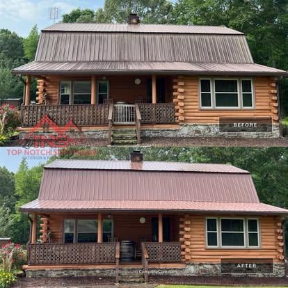 Before and after exterior cleaning of a log cabin