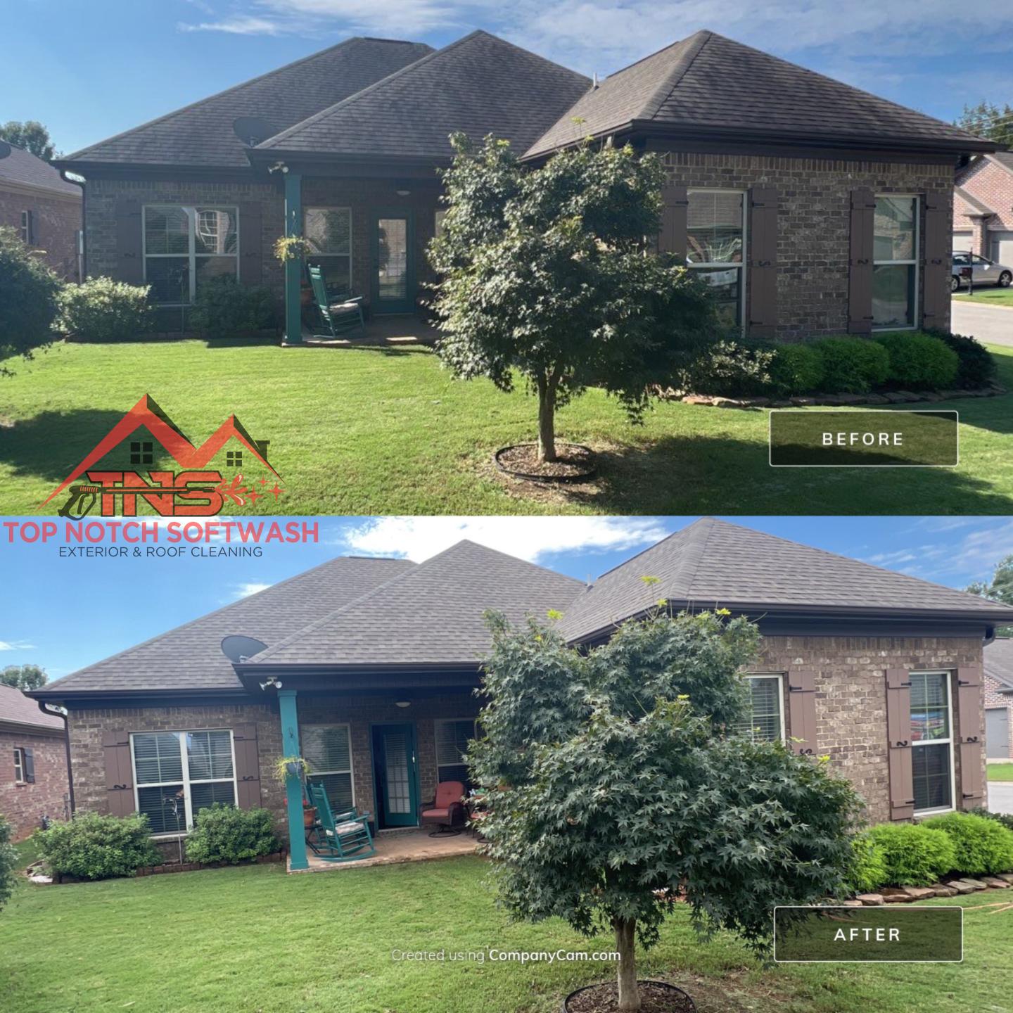 Before and after exterior cleaning of a brick home