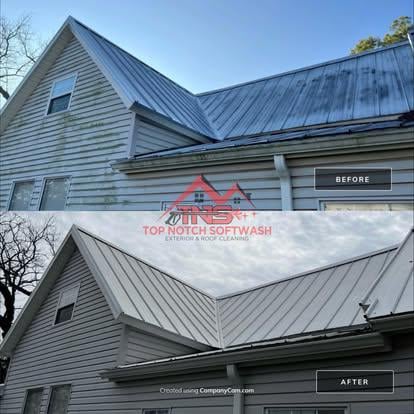 Before and after cleaning of a metal roof