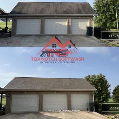 Before and after cleaning of a garage roof