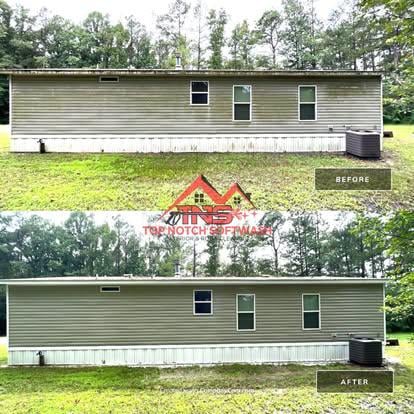 Before and after soft washing of manufactured home siding