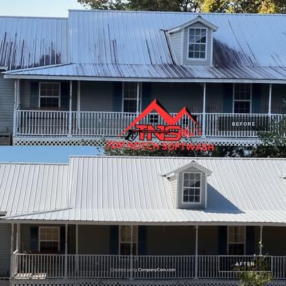 Before and after restoration cleaning of a metal roof
