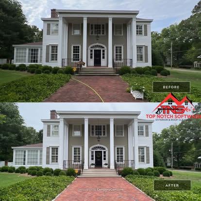 Before and after cleaning of a large white home and brick walkway