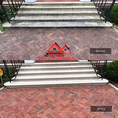 Before and after cleaning of brick steps and landing