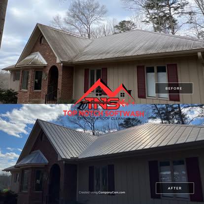 Before and after roof cleaning on a brick home