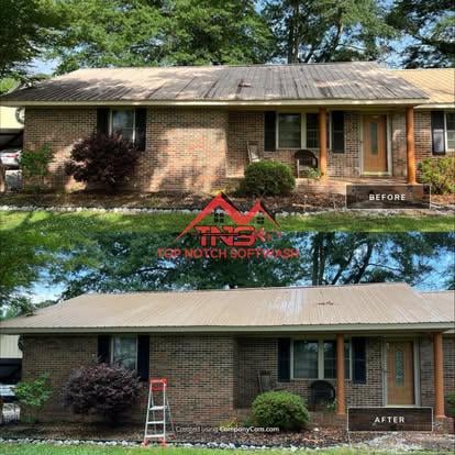 Before and after roof cleaning on a single-story brick home